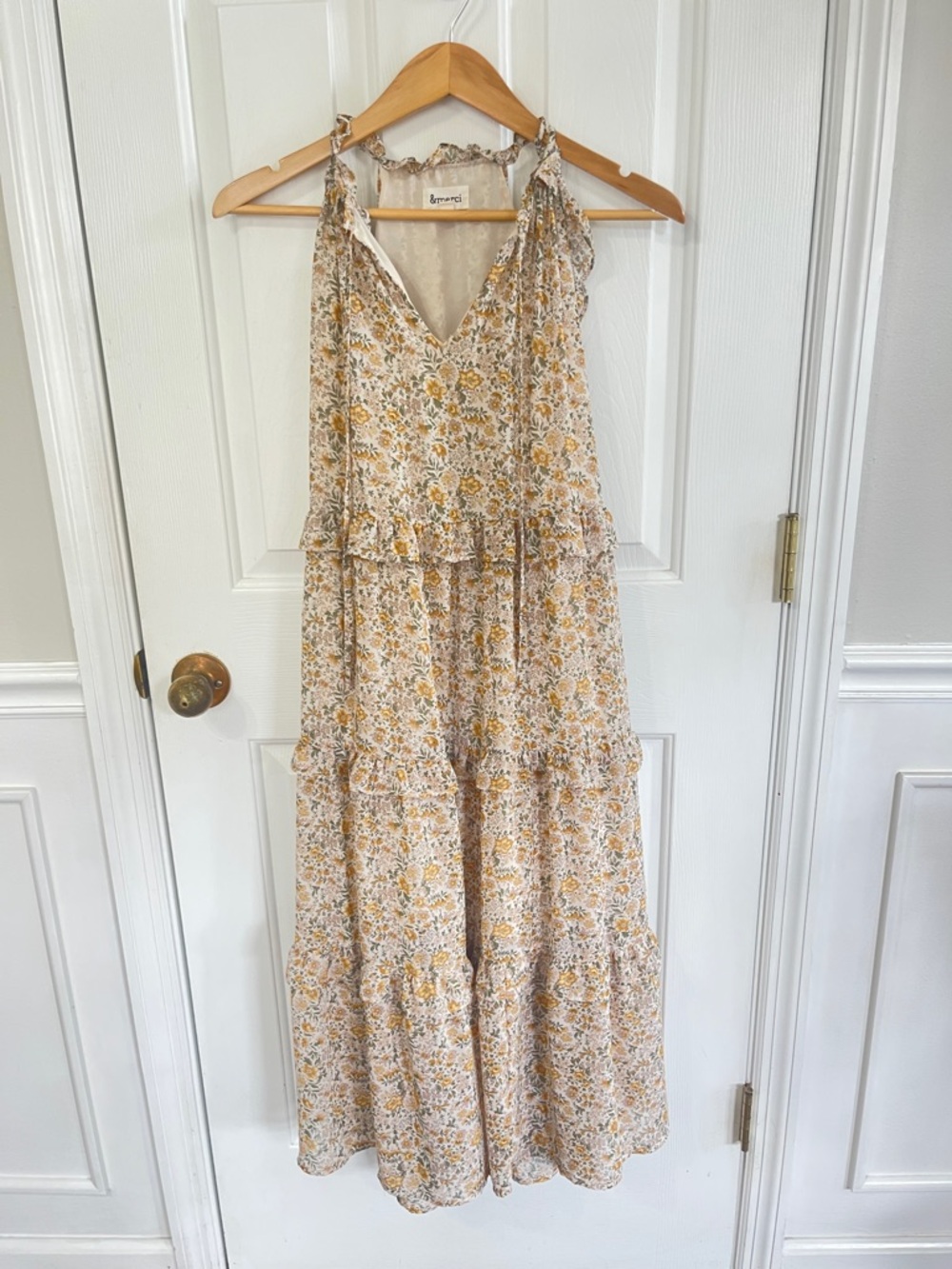 &merci Floral Tiered Maxi Dress Small Pockets Yellow Floral Boho Cottagecore